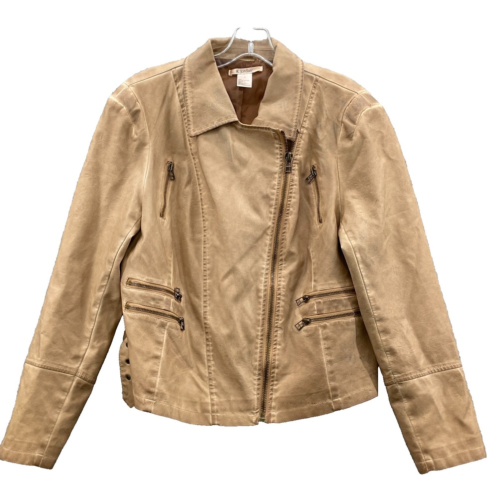 K.Jordan Vegan Leather Moto Jacket Women's Beige Indie Biker Sleaze 70's Classic